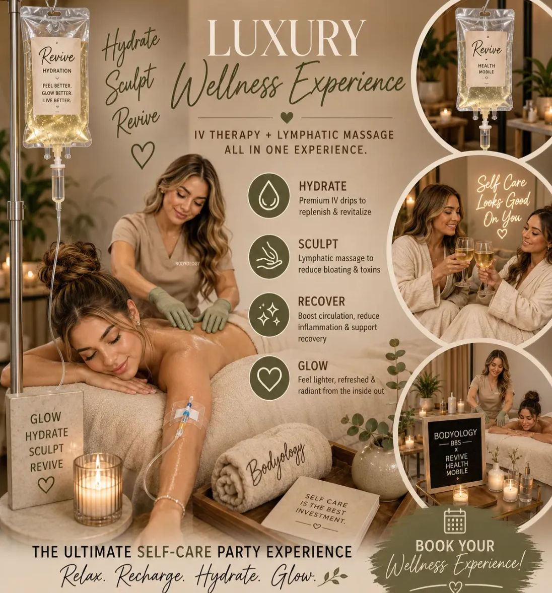 Luxury spa scene showing a client reclining with a mobile IV hydration drip while receiving a lymphatic massage in a warm, candlelit room with towels and two friends toasting — promotes hydrate, sculpt, recover, glow self-care party
