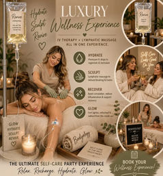 Luxury spa scene showing a client reclining with a mobile IV hydration drip while receiving a lymphatic massage in a warm, candlelit room with towels and two friends toasting — promotes hydrate, sculpt, recover, glow self-care party