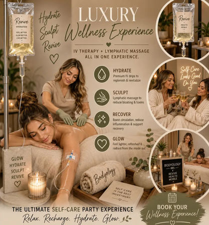 Luxury spa scene showing a client reclining with a mobile IV hydration drip while receiving a lymphatic massage in a warm, candlelit room with towels and two friends toasting — promotes hydrate, sculpt, recover, glow self-care party