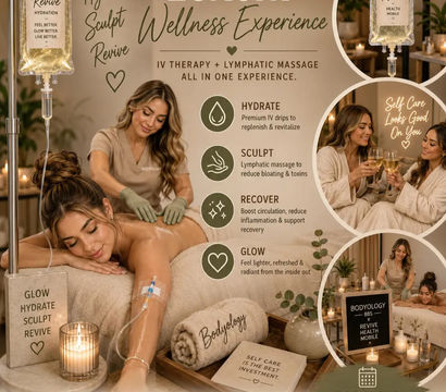 Luxury spa scene showing a client reclining with a mobile IV hydration drip while receiving a lymphatic massage in a warm, candlelit room with towels and two friends toasting — promotes hydrate, sculpt, recover, glow self-care party