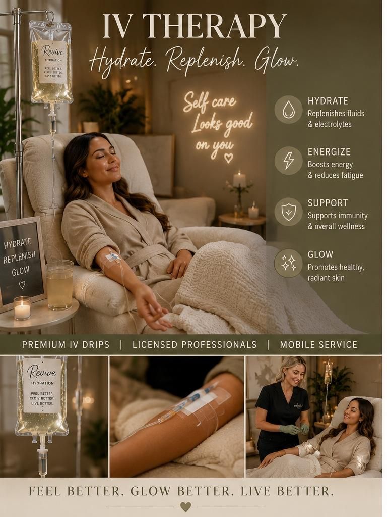 Relaxing IV hydration session in a cozy wellness lounge—woman reclines with an IV drip, clinician nearby, and overlay text highlights benefits: Hydrate, Energize, Support, Glow.