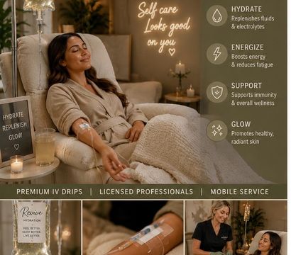 Relaxing IV hydration session in a cozy wellness lounge—woman reclines with an IV drip, clinician nearby, and overlay text highlights benefits: Hydrate, Energize, Support, Glow.