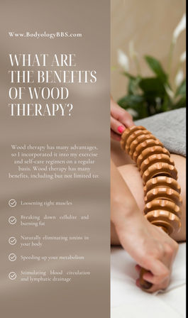 Wooden massage roller gliding over a person's leg in a spa setting, poster-style text asking "What are the benefits of wood therapy?"