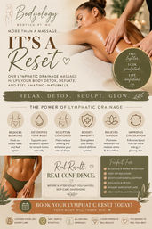 Spa promotional image of a woman receiving a lymphatic drainage massage on a treatment table, promoting a detoxifying body-sculpt service that reduces bloating, boosts circulation, relieves tension and enhances natural contours.