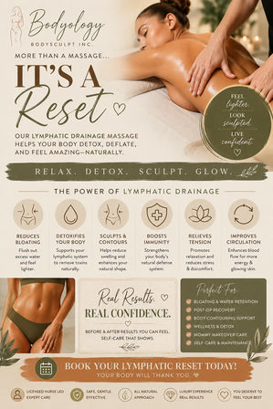 Spa promotional image of a woman receiving a lymphatic drainage massage on a treatment table, promoting a detoxifying body-sculpt service that reduces bloating, boosts circulation, relieves tension and enhances natural contours.