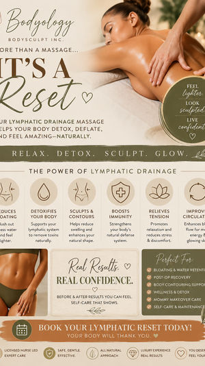 Spa promotional image of a woman receiving a lymphatic drainage massage on a treatment table, promoting a detoxifying body-sculpt service that reduces bloating, boosts circulation, relieves tension and enhances natural contours.