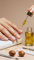Close-up manicure: glossy nude nails with argan oil dropper applying golden cuticle oil next to an open bottle, towel and nail tools.