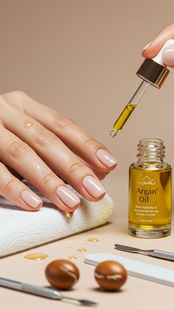 Close-up manicure: glossy nude nails with argan oil dropper applying golden cuticle oil next to an open bottle, towel and nail tools.