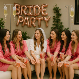 Bride in white robe and veil laughing with bridesmaids in matching pink robes on a patio sofa, rose-gold "BRIDE PARTY" balloons behind them, sipping cocktails while receiving IV hydration drips