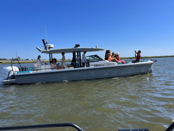 Group of friends relaxing on a sleek motorboat cruising calm coastal waters under a clear blue sky on a sunny day
