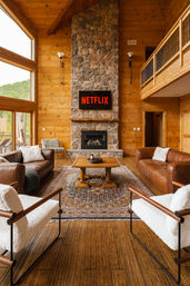 Cozy rustic mountain cabin living room with wood-paneled walls, tall stone fireplace with TV displaying Netflix, leather sofas, plush chairs, patterned area rug, loft balcony and large windows framing a forest view — perfect for movie nights.