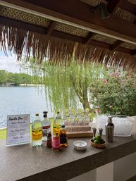 Lakeside tiki-style tequila bar setup on a stone counter with bottles, mixers, lime-garnished glasses, ice bucket and cocktail tools under a thatched roof, overlooking a willow tree and pink flowering bushes.