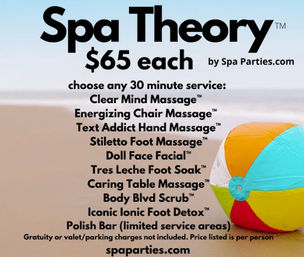 Beach-themed promo on sand with a colorful beach ball, listing 30-minute spa services for $65 each: Clear Mind Massage; Energizing Chair Massage; Text Addict Hand Massage; Stiletto Foot Massage; Doll Face Facial; Tres Leche Foot Soak; Caring Table Massage; Body Blvd Scrub; Iconic Ionic Foot Detox; Polish Bar (limited areas). Small fine print at bottom.