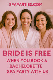 Three smiling women in spa robes — a bride-to-be in a white robe and veil between two friends in pink robes — pink bachelorette spa party ad promoting a free bride offer.