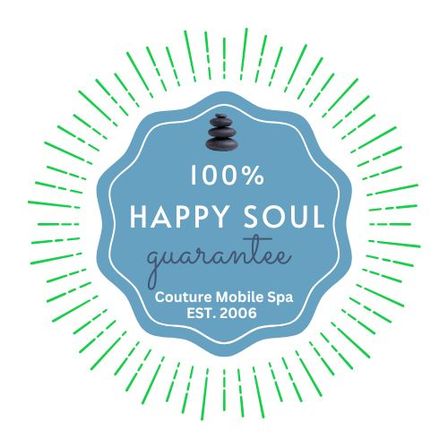 Blue wavy wellness badge with stacked spa stones and text “100% HAPPY SOUL guarantee,” surrounded by green radiating lines — playful mobile spa wellness seal.