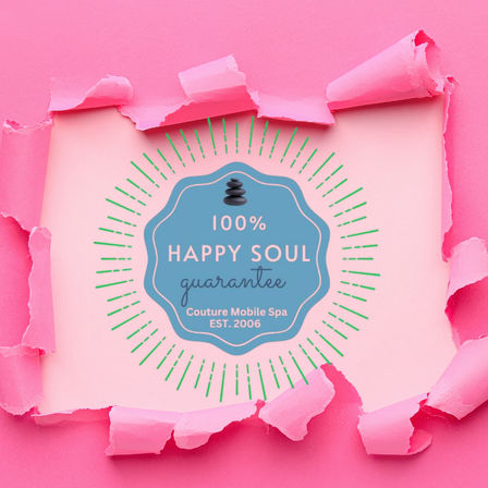 Torn pink paper revealing a blue spa-style badge with stacked stones and the text "100% Happy Soul guarantee," surrounded by green sunburst lines.