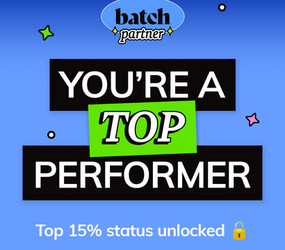 Bright blue achievement graphic reading YOU'RE A TOP PERFORMER with a neon green TOP tag, playful stars and a small padlock, and the caption Top 15% status unlocked — celebratory performance badge