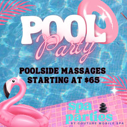 Playful pool party graphic with shimmering blue pool tiles, pink flamingo float and inflatable ring, tropical palm leaves and spa stones, promoting poolside massages starting at $65.