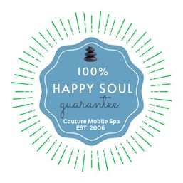 Blue wellness badge with stacked spa stones and green radiating lines reading “100% Happy Soul guarantee” and “Est. 2006” — spa-themed emblem