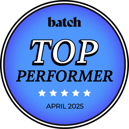 Blue circular award badge reading 'batch' at top, large 'TOP PERFORMER' text, five white stars across the middle, and 'April 2025' at the bottom.