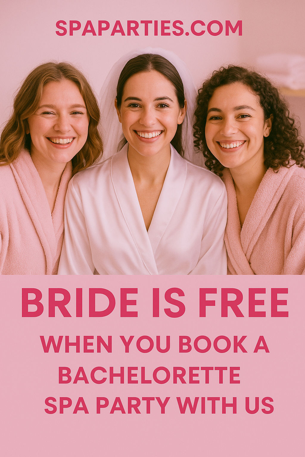 Three smiling women—bride in a white robe flanked by friends in pink robes—posing for a bachelorette spa party promo on a pink background.