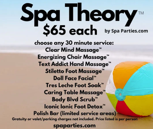 Beach-themed ad on sand showing a colorful beach ball and text offering 30-minute spa treatments for $65 each, listing massages, facials, foot soaks, scrubs and polish services.