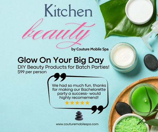 Flat-lay promo on light blue background for DIY beauty spa parties: jars of cream, green candle, bath salts, black stones and a leaf around the headline “Glow On Your Big Day” — DIY skincare for bachelorette parties, $99 per person.
