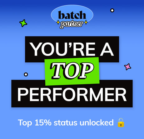 Bright blue achievement graphic reading "YOU'RE A TOP PERFORMER" with "TOP" on a green highlight and smaller text "Top 15% status unlocked", playful stars and an unlocked padlock icon.