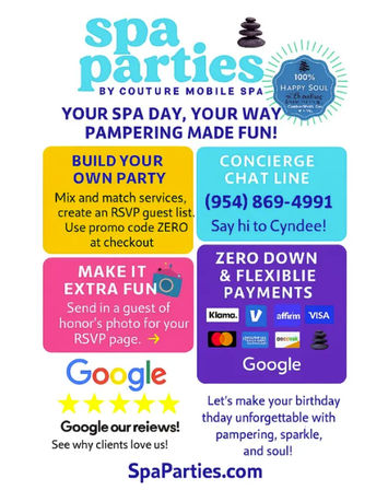 Colorful flyer for mobile spa party services and birthday pampering — bold "spa parties" headline with stacked stones icon, panels highlighting build-your-own party options, concierge chat, RSVP photo feature, zero-down flexible payment badges, five-star reviews and playful spa-themed icons.