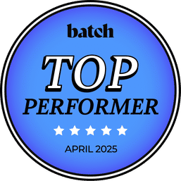 Round shiny blue award badge reading TOP PERFORMER with five white stars and the date April 2025.