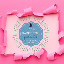 Bright pink torn-paper frame revealing a blue wellness badge that reads '100% Happy Soul guarantee' with stacked spa stones and green sunburst rays — playful spa and self-care concept.