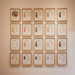 Neat 5x4 grid of 20 wooden-framed juice and wellness-shot menu posters, each showing a colorful bottled drink and description, mounted on a warm beige wall in a modern juice-bar interior.