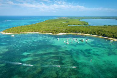 Aerial view of a tropical island paradise: dense palm forest, white sandy beach and a turquoise lagoon dotted with anchored sailboats and speedboats over clear shallow reefs on a sunny day.