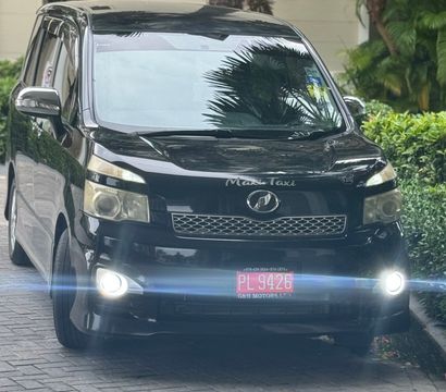 Front view of a black taxi minivan with headlights on parked on a palm-lined driveway outside a tropical hotel entrance