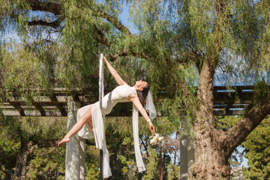 Bride in white dress and veil performing an aerial silk pose from a wrapped pole, leaning back under a willow tree and holding a small bouquet in sunlit outdoor garden park.