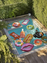 Bird’s-eye view of a sunny backyard rectangular pool with wooden deck and tall hedges, filled with vibrant summer inflatables — pink lips, toucan, donut rings, rainbow mattress and novelty bottle, surrounded by green foliage.