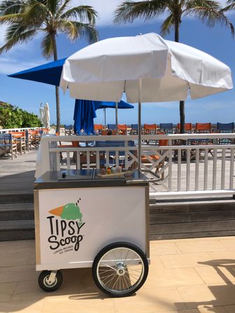 Tropical beachfront ice cream cart under a white umbrella on a sunny boardwalk, framed by palm trees, colorful deck chairs and an ocean view.