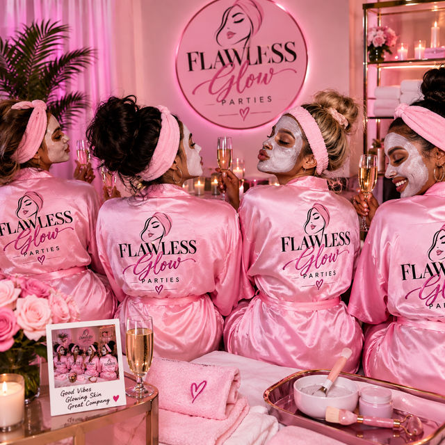 Four friends in matching pink satin robes and headbands wear white face masks and toast champagne at a pink-lit spa party surrounded by candles, roses and skincare bowls.