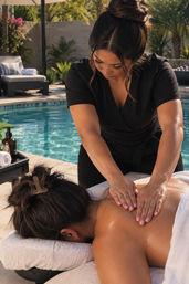 Poolside outdoor spa massage: therapist in black uniform giving a relaxing back massage to a client lying face down on a towel-covered table beside a sunny swimming pool and lounge chairs.