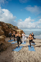 Group of six people practicing tree pose on blue mats during a beach yoga session by rocky coastal cliffs and the ocean under a bright blue sky