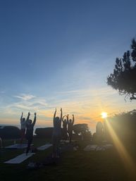 Silhouetted group doing sunset yoga on mats atop a grassy coastal bluff, reaching toward the sky with the ocean and golden sun on the horizon.