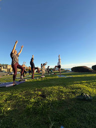 Group outdoor yoga class in a coastal grassy park at golden hour, people balancing in tree pose on mats with ocean and a clear blue sky behind them.