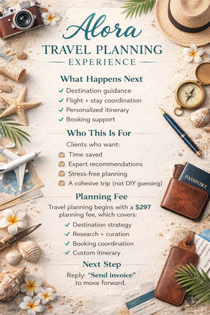 Beach-style travel planning flyer on sand with camera, passport, compass, straw hat, seashells and map, listing destination guidance, personalized itinerary, booking support and a $297 planning fee.