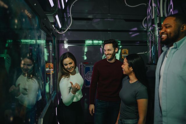 Four friends laughing inside a neon-lit, futuristic game room — team-building night out at an indoor entertainment venue.