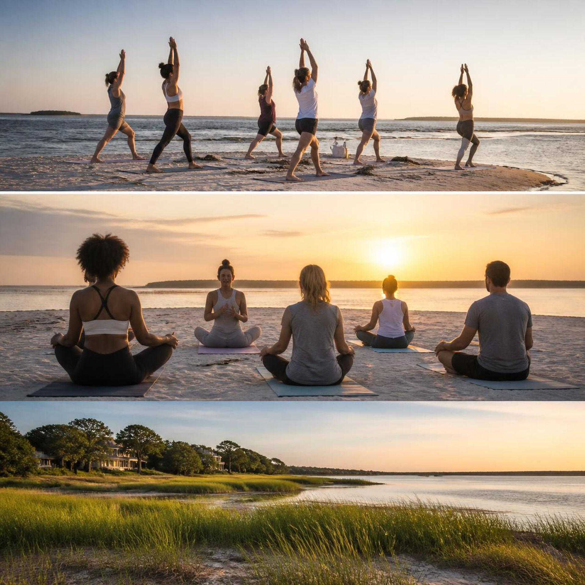Sunrise beach yoga session: a small group practicing standing poses and seated meditation on mats along a calm ocean shoreline, framed by marsh grasses and oceanfront homes.