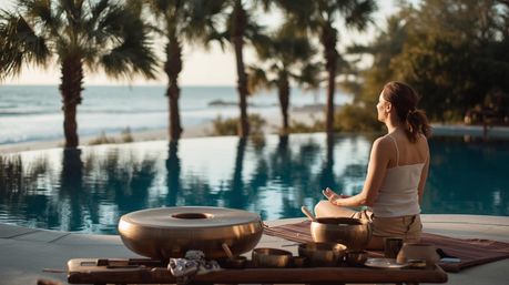 Woman meditating by an infinity pool at a tropical beachfront sunset, palm trees and ocean in the background with singing bowls and meditation tools in the foreground
