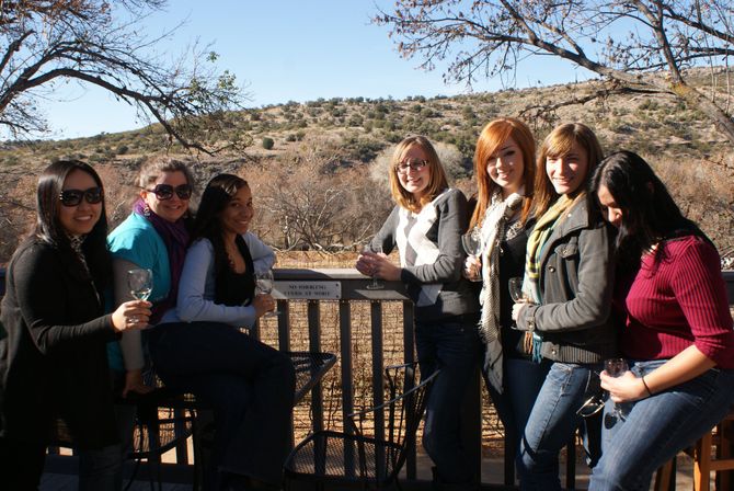 Seven friends holding wine glasses on a sunny vineyard deck patio, enjoying a wine tasting with arid hillside and bare trees in the background.