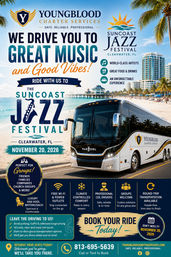Bright Clearwater, FL beach poster with palm trees, pier and skyline, featuring a luxury charter coach on the road; promo art for Suncoast Jazz Festival (Nov 20, 2026) highlighting free Wi‑Fi, climate control, professional drivers and group transportation.
