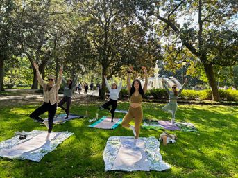 Five people practicing yoga in tree pose on mats on a sunny green lawn beneath large oak trees, with a decorative fountain and walking path in the background — outdoor group yoga class in a city park.