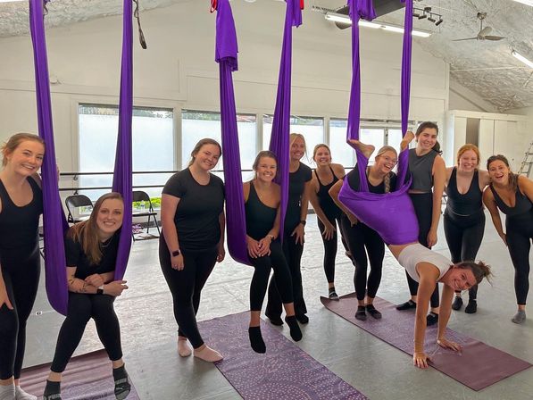 Aerial yoga group in a bright fitness studio: smiling women using purple aerial silks/hammocks over yoga mats, posing together with one student suspended upside down for a fun group workout.